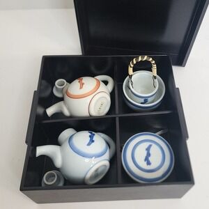 Japanese Ceramic Condiment Set Blue Terracotta Botanical‎ Cruet Bento Box 8pc